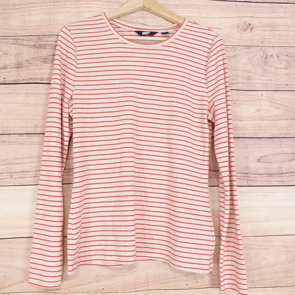Lands' End T-Shirt Womens M 10-12 Striped Crew Neck Long Sleeve Knit Waffle Knit